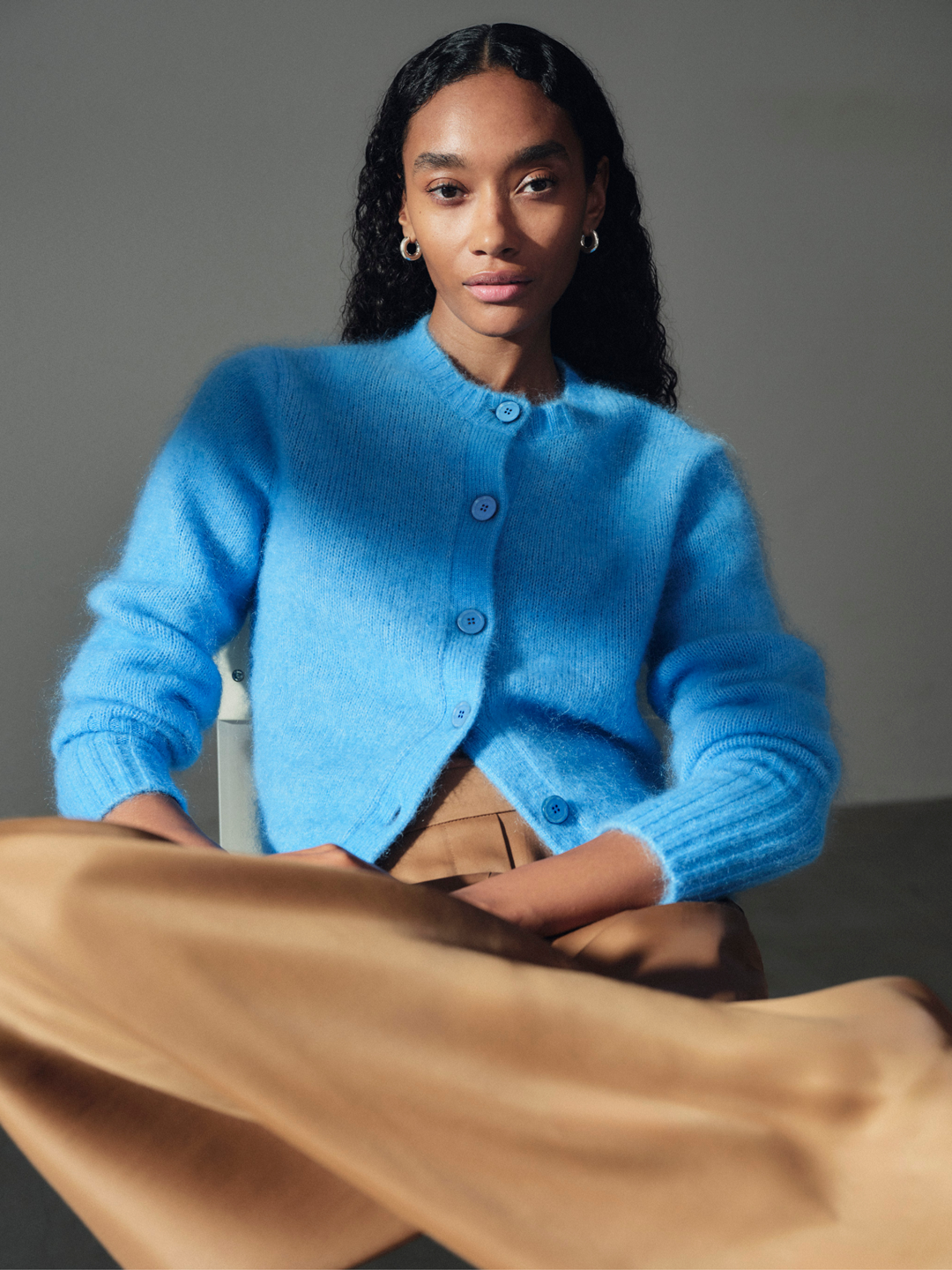 bright blue cardigan